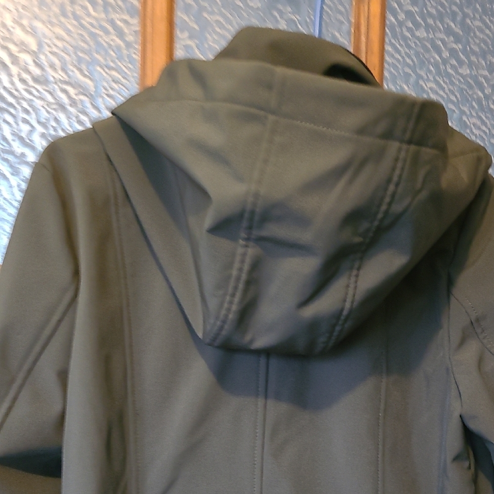 DKNY Women Olive Outerwear Softshell Hooded Long Jacket Velboa Lined Size Small - Picture 10 of 15